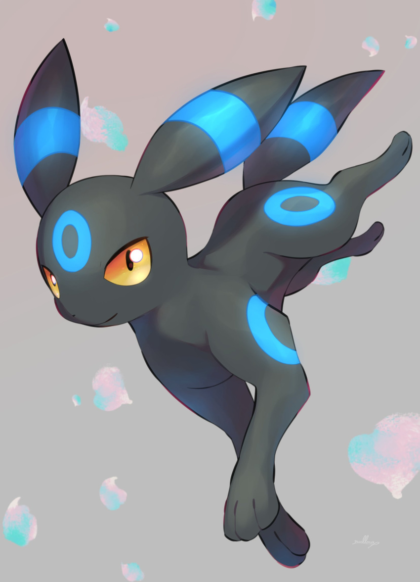 3_toes ambiguous_gender black_body black_nose black_paws black_tail blue_markings colored digital_media_(artwork) digital_painting_(artwork) eeveelution feet feral generation_2_pokemon grey_background hi_res looking_at_viewer markings nintendo nullma pokemon pokemon_(species) quadruped ring_(marking) shiny_pokemon signature simple_background smile solo tail toes umbreon yellow_eyes