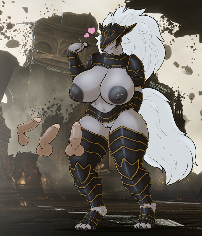 &lt;3 anthro armor artist_name balls big_breasts breasts canid canine canis claws clothed clothing crossgender digitigrade disembodied_penis elden_ring female fromsoftware fur genitals hair headgear helmet hi_res humanoid_genitalia humanoid_penis imminent_sex male maliketh_(elden_ring) mammal mtf_crossgender navel nipple_piercing nipples partially_clothed penis piercing pussy skimpy thick_thighs unconvincing_armor wide_hips wolf wolfarion