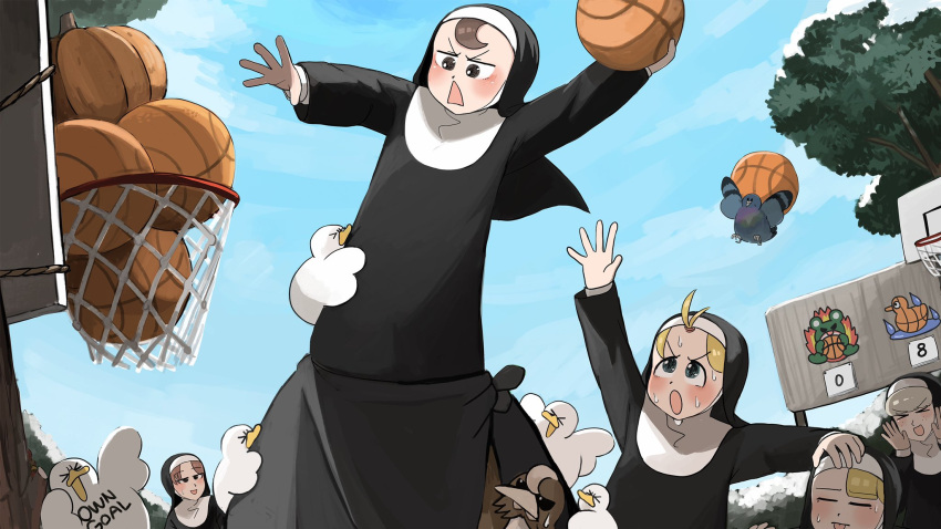 5girls basketball basketball_hoop bird blonde_hair blue_eyes body_writing brown_eyes brown_hair catholic cheating_(competitive) chicken closed_eyes clumsy_nun_(diva) diva_(hyxpk) duck english_commentary grey_hair habit highres hungry_nun_(diva) little_nuns_(diva) multiple_girls nun ostrich pigeon pumpkin scoreboard sheep_nun_(diva) spicy_nun_(diva) sweat topknot tree triangle_mouth