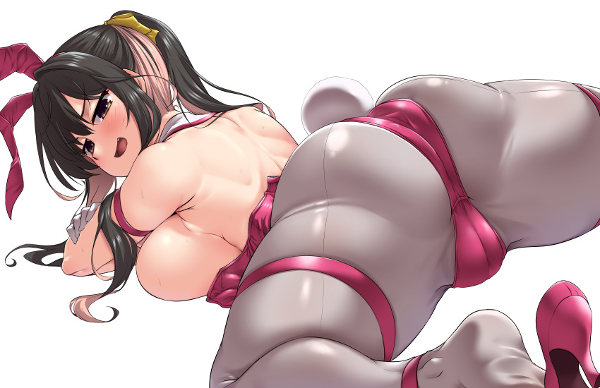 1girl absurdres animal_ears ass ass_focus back bangs bare_back bare_shoulders black_hair blush breasts breasts_out cameltoe detached_collar fake_animal_ears fake_tail fang from_behind gloves hair_ribbon high_heels highres kantai_collection large_breasts leotard long_hair looking_at_viewer looking_back lying multicolored_hair naganami_(kancolle) on_bed on_stomach open_mouth pantyhose pink_hair playboy_bunny ponytail rabbit_ears rabbit_tail ribbon sideboob simple_background smile smug solo strapless strapless_leotard sweat tail thigh_strap topless two-tone_hair white_background yoshi_tama