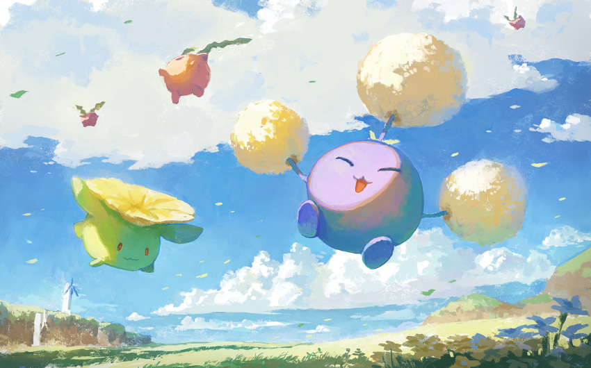:d closed_eyes closed_mouth cloud commentary_request day evolutionary_line falling_leaves fjsmu flower grass highres hoppip jumpluff leaf no_humans open_mouth outdoors pokemon pokemon_(creature) skiploom sky smile wavy_mouth