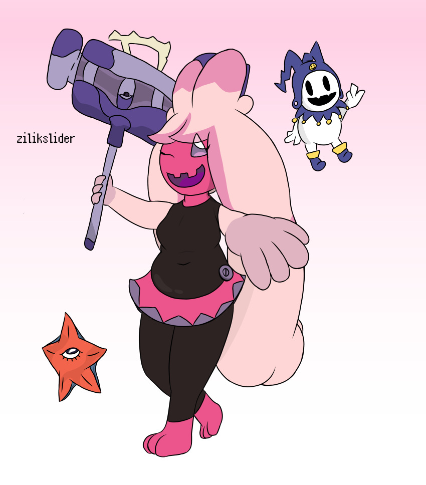 absurd_res ambiguous_gender atlus breasts clothed clothing crossover decarabia female feral generation_9_pokemon group hammer hi_res humanoid jack_frost_(megami_tensei) megami_tensei megami_tensei_persona nintendo not_furry_focus pink_body pokemon pokemon_(species) slightly_chubby tinkaton tools trio zilikslider