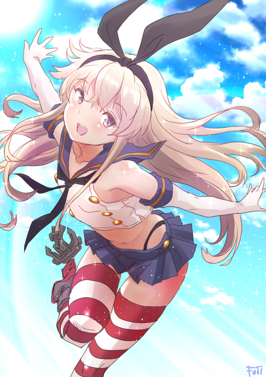 1girl anchor_hair_ornament artist_name black_hairband black_neckerchief black_panties blonde_hair blue_sailor_collar blue_skirt blue_sky cloud crop_top elbow_gloves feet_out_of_frame fuji_(pixiv24804665) gloves grey_eyes hair_ornament hairband highleg highleg_panties highres kantai_collection leaning_forward long_hair microskirt miniskirt neckerchief outstretched_arms panties pleated_skirt sailor_collar shimakaze_(kancolle) skirt sky smile solo striped striped_thighhighs thighhighs underwear white_gloves