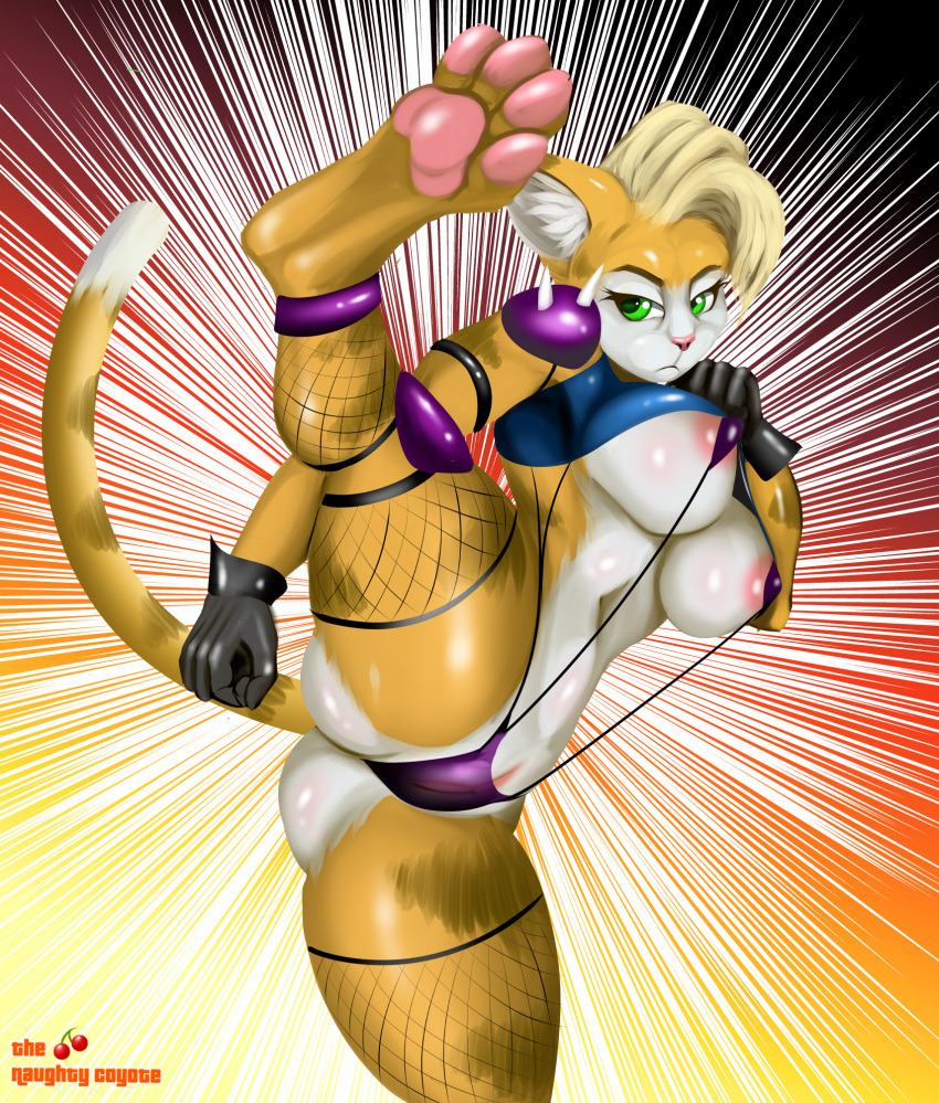 angry_eyes anthro breasts felid feline female fight fur green_eyes hi_res jasmine_serna kick mammal paws smartwhitefang solo under_boob yellow_body yellow_fur