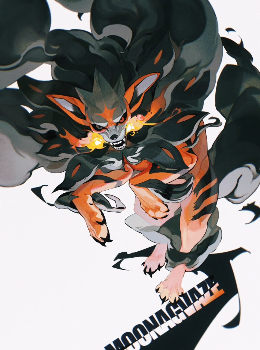 animal_focus black_sclera breathing_fire colored_sclera commentary_request fire highres hisuian_arcanine moonagvaze no_humans open_mouth pokemon pokemon_(creature) red_eyes solo teeth white_background