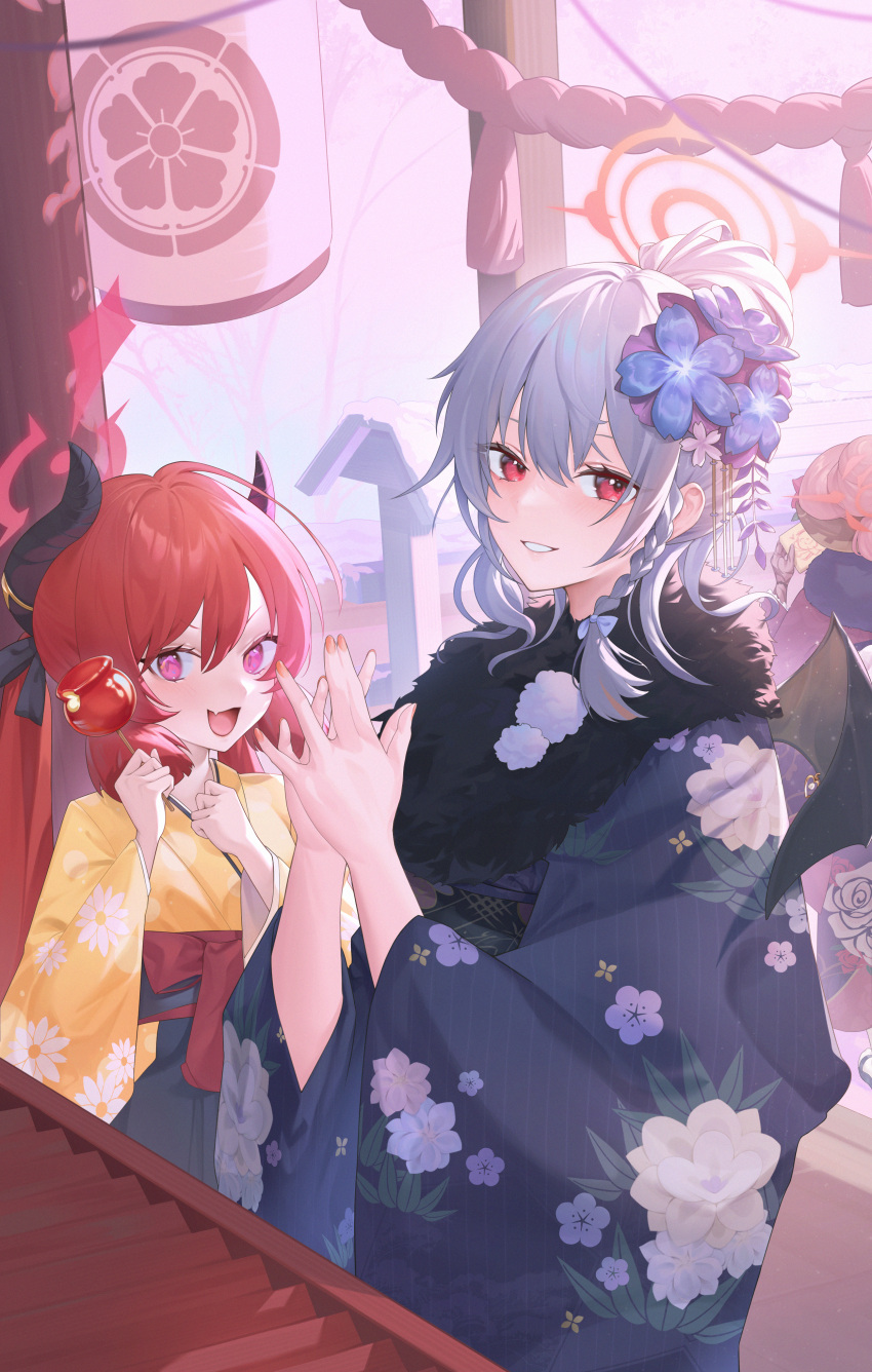 3girls :d absurdres aru_(blue_archive) bat_wings black_kimono blue_archive blue_bow blue_flower blush bow box braid candy_apple compass_rose_halo donation_box fang fingernails floral_print flower food grey_hair hair_between_eyes hair_bow hair_flower hair_ornament halo haruna_(blue_archive) highres holding holding_food holding_paper horns japanese_clothes junko_(blue_archive) kimono looking_at_viewer medium_hair multiple_girls open_mouth own_hands_together paper parted_lips pink_eyes pink_hair red_eyes red_hair red_kimono rope shibasoda shimenawa single_braid skin_fang smile wings yellow_kimono