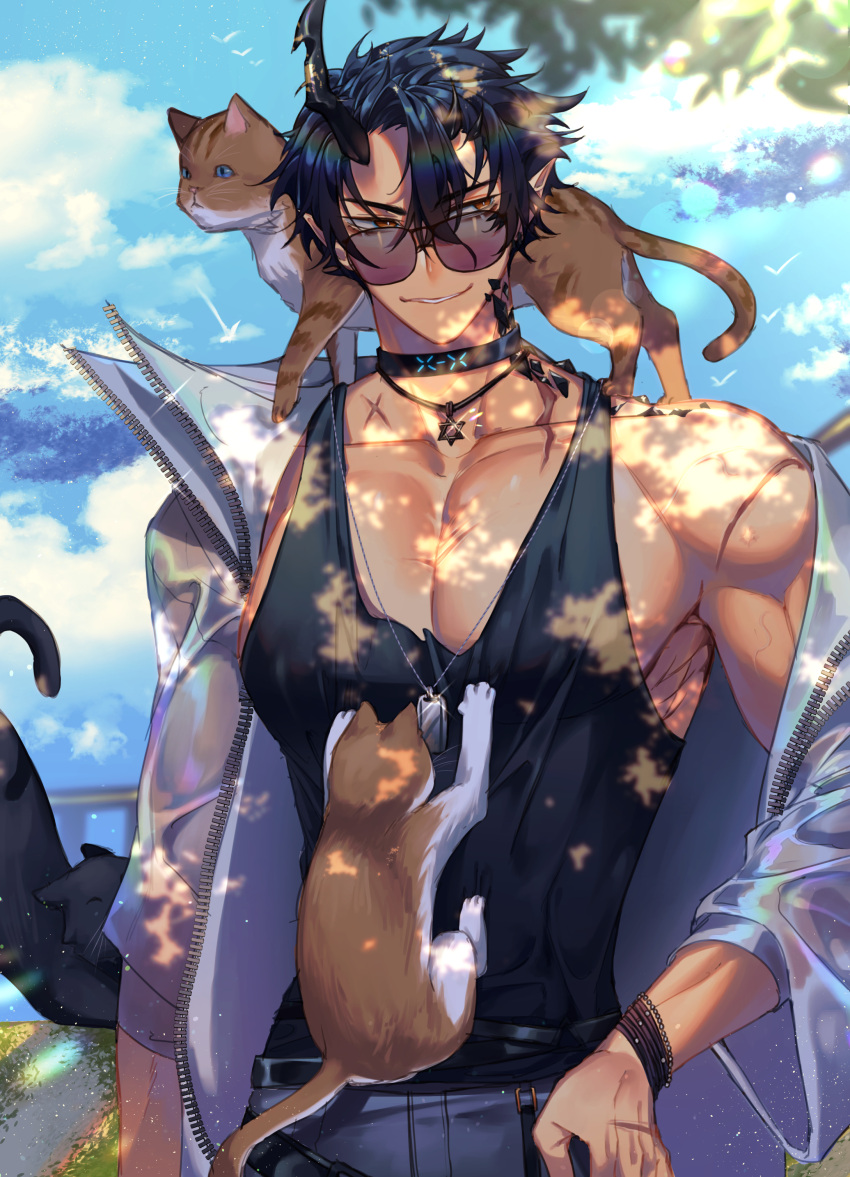 1boy absurdres animal_on_shoulder arknights bangs black_hair black_tank_top bracelet brown_eyes cat cat_on_shoulder day demon_boy dog_tags flamebringer_(arknights) flamebringer_(holiday)_(arknights) grey_pants grin hand_on_hip highres horns infection_monitor_(arknights) jacket jewelry kikan_(kikanoe) long_sleeves male_focus muscular muscular_male open_clothes open_jacket oripathy_lesion_(arknights) outdoors pants pectoral_cleavage pectorals pointy_ears scar scar_on_arm short_hair single_horn smile solo sunglasses tank_top upper_body white_jacket