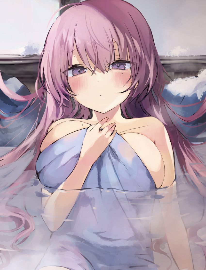 1girl absurdres ahoge blush breasts collarbone commentary_request cowboy_shot hair_between_eyes highres large_breasts long_hair looking_at_viewer mole mole_on_breast mole_under_eye naked_towel onsen original partially_submerged pink_hair purple_eyes solo towel yukari_(rihenara_doll)