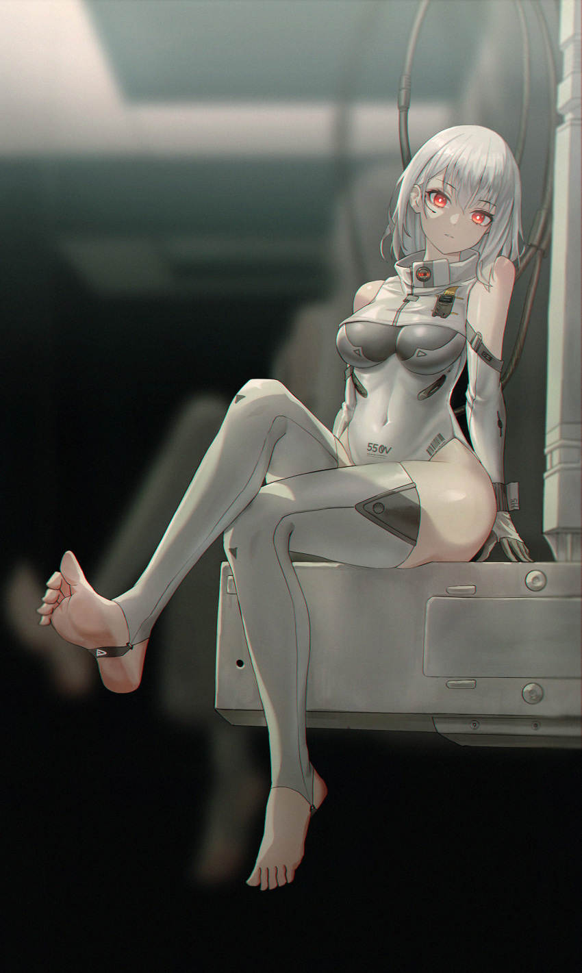 1girl absurdres bare_shoulders black_gloves blurry blurry_background breasts character_request covered_navel crossed_legs depth_of_field elbow_gloves fr_(frrrr) full_body gloves grey_hair grey_leotard grey_thighhighs highres impossible_clothes impossible_leotard large_breasts leotard looking_at_viewer parted_lips red_eyes short_hair sitting solo stirrup_legwear the_wandering_earth thighhighs toeless_legwear toes