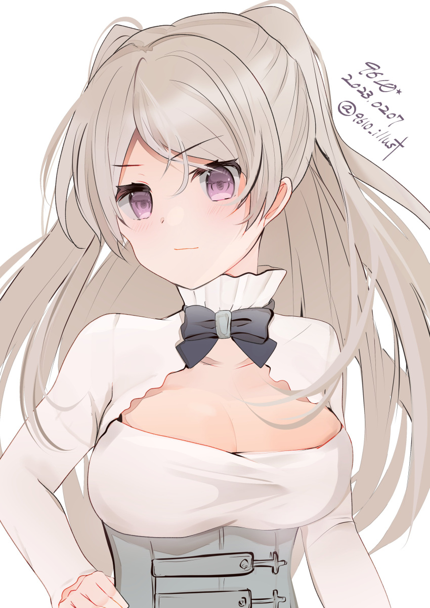 1girl absurdres artist_name black_bow blush bow breasts cleavage closed_mouth conte_di_cavour_(kancolle) dated dress eiji_(monochromexd) grey_hair hand_on_hip highres kantai_collection large_breasts long_hair long_sleeves looking_at_viewer one-hour_drawing_challenge purple_eyes signature simple_background solo twitter_username two_side_up upper_body white_background white_dress