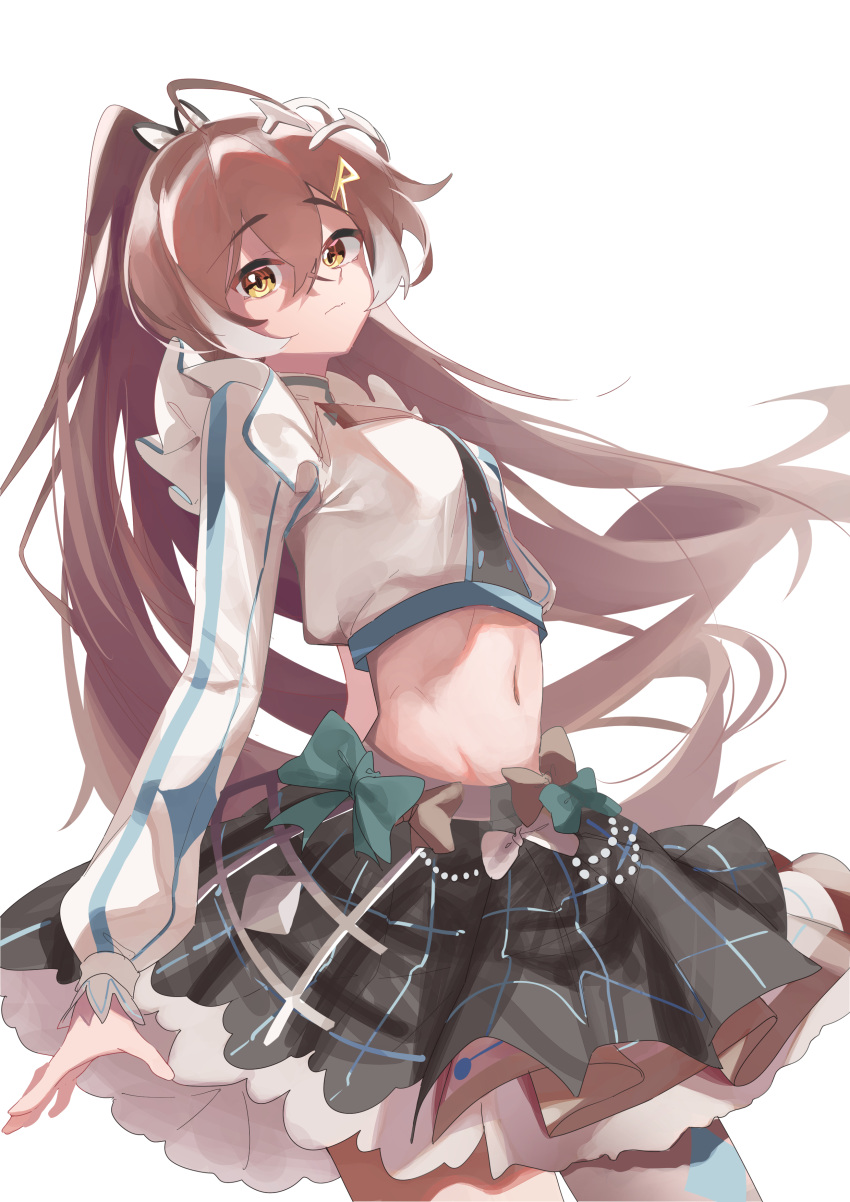 1girl absurdres ahoge asymmetrical_sleeves bangs black_skirt bow brown_eyes brown_hair buttons crop_top double-breasted feather_hair_ornament feathers hair_ornament hairclip half-skirt highres hololive hololive_english hololive_idol_uniform_(bright) long_hair looking_at_viewer midriff multicolored_hair nanashi_mumei navel ninjyang0903 pantyhose plaid plaid_skirt pleated_skirt ponytail print_pantyhose single_leg_pantyhose skirt streaked_hair uneven_sleeves very_long_hair virtual_youtuber white_pantyhose