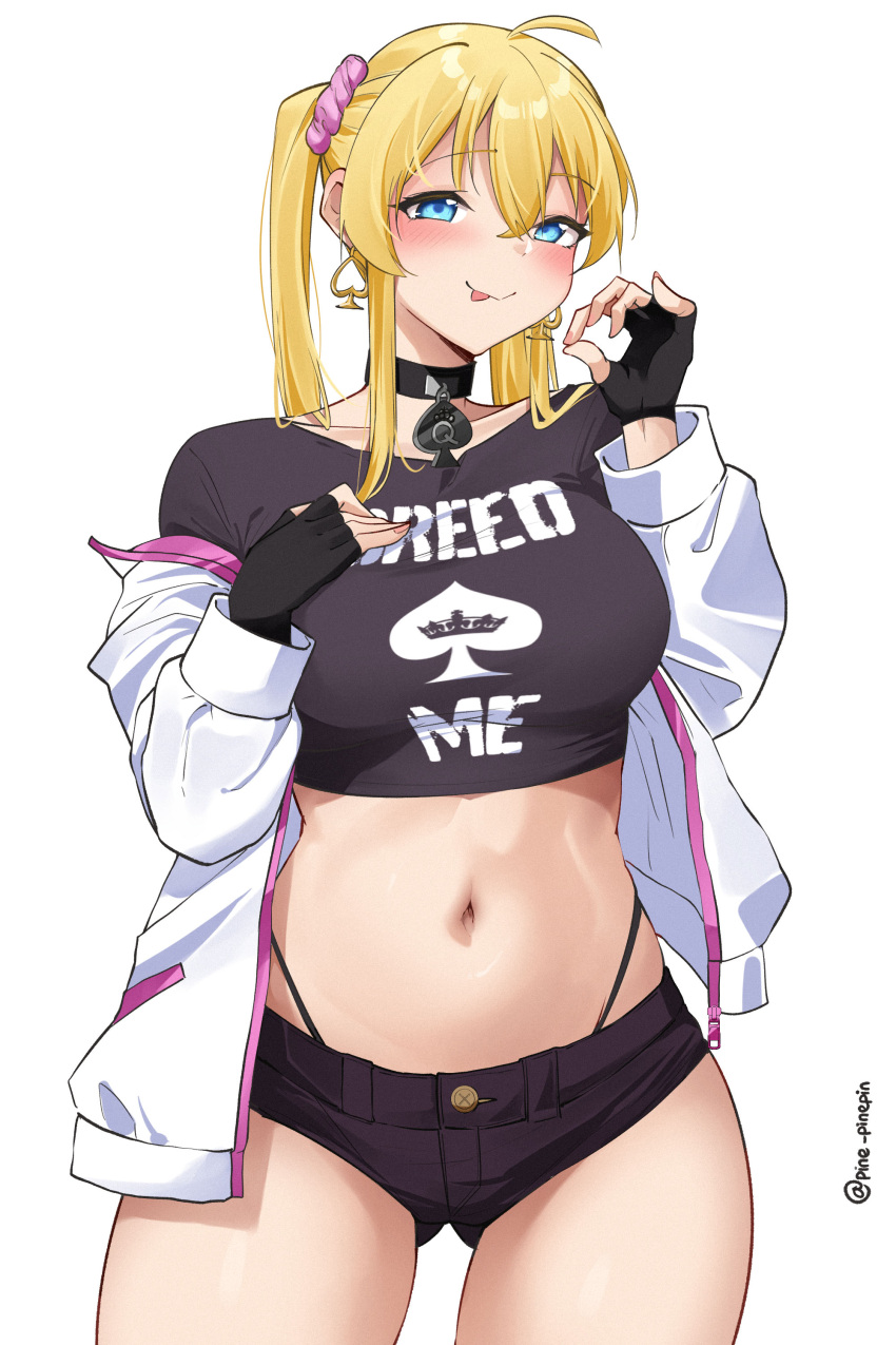 1girl :p absurdres ahoge black_choker black_shirt black_shorts blonde_hair blue_eyes blush breasts character_request choker clothes_writing commentary commission copyright_request cowboy_shot crop_top earrings hair_between_eyes highleg highleg_panties highres jacket jewelry large_breasts long_hair long_sleeves looking_at_viewer micro_shorts midriff navel off_shoulder panties pinnn queen_of_spades_symbol shirt shorts simple_background smile solo spade_(shape) spade_earrings standing stomach thighs tongue tongue_out twintails underwear white_background white_jacket