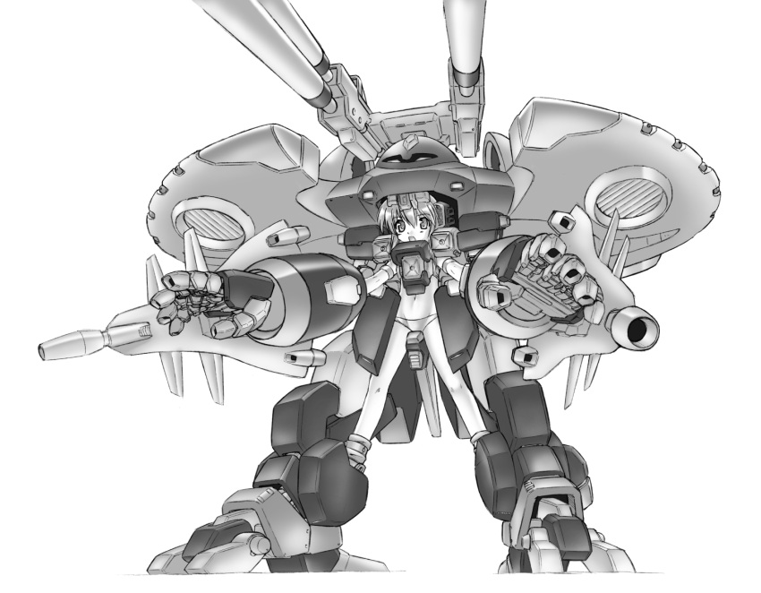 1girl bangs bikini cannon destroy_gundam full_body greyscale groin gundam gundam_seed gundam_seed_destiny hair_between_eyes headgear highres humanization legs_apart mecha_musume monochrome navel open_mouth outstretched_arms shinjou_satomi short_hair simple_background solo standing swimsuit white_background