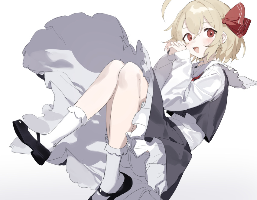 1girl :d absurdres bangs black_footwear black_skirt black_vest blonde_hair bloomers blush commentary_request frilled_skirt frills hair_between_eyes hair_ribbon hands_up highres indoors long_sleeves looking_at_viewer own_hands_clasped own_hands_together red_eyes red_ribbon ribbon rumia sh_(562835932) shirt shoes simple_background skirt sleeves_past_wrists smile socks solo touhou underwear vest white_background white_bloomers white_shirt white_socks