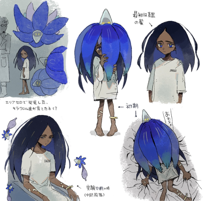 1boy 1girl aged_down arrow_(symbol) bandaid bandaid_on_arm bandaid_on_leg barefoot black_hair blue_eyes celeste67491740 chair closed_mouth commentary_request dark-skinned_female dark_skin eyelashes geeta_(pokemon) glimmet glimmora highres long_hair on_head partially_colored pigeon-toed pokemon pokemon_(creature) pokemon_(game) pokemon_on_head pokemon_sv sheet_grab shirt short_sleeves sitting standing t-shirt translation_request