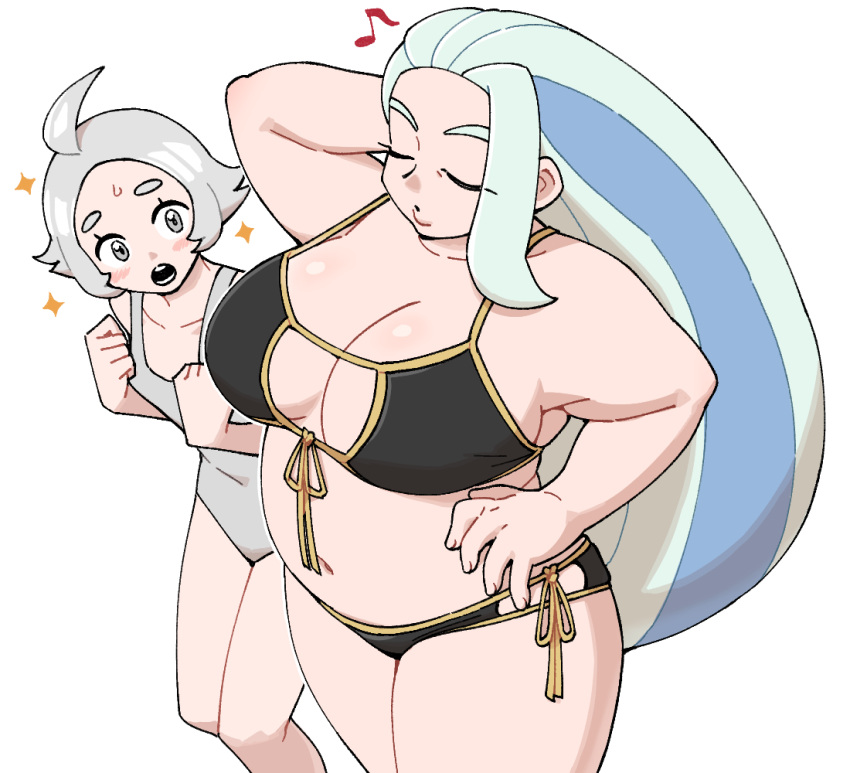 2girls :o arm_behind_head bare_arms bikini black_bikini blush breasts closed_eyes collarbone commentary_request eyelashes fat grey_eyes grey_hair grey_one-piece_swimsuit gym_trainer_(pokemon) hand_on_hip hand_up mature_female melony_(pokemon) multiple_girls musical_note nutkingcall one-piece_swimsuit open_mouth pokemon pokemon_(game) pokemon_swsh short_hair sparkle sweatdrop swimsuit teeth white_background