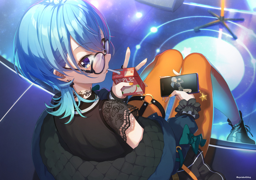 1girl absurdres apple_juice ayataka blue_eyes blue_hair cellphone drinking_straw earrings from_above glasses hair_between_eyes highres hololive hoshimachi_suisei jacket jewelry juice_box looking_at_viewer looking_back nail_polish official_alternate_hair_length official_alternate_hairstyle orange_nails orange_pantyhose pantyhose phone short_hair sitting smartphone solo star_(symbol) star_in_eye symbol_in_eye twitter_username virtual_youtuber