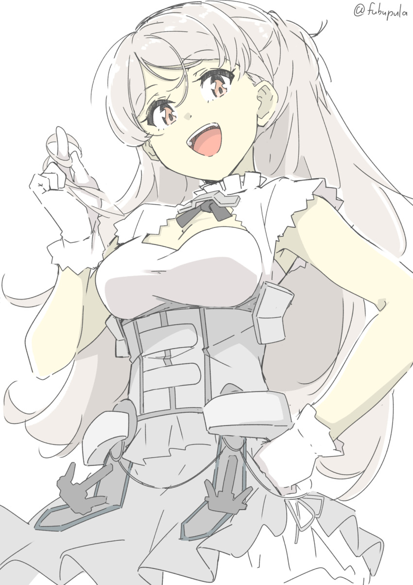 1girl armpit_cutout blush breasts brown_eyes cleavage cleavage_cutout clothing_cutout conte_di_cavour_(kancolle) corset dress frilled_dress frills fubupula gloves grey_dress grey_hair highres kantai_collection large_breasts layered_dress long_hair looking_at_viewer medium_breasts open_mouth smile twitter_username two-tone_dress two_side_up white_dress white_gloves