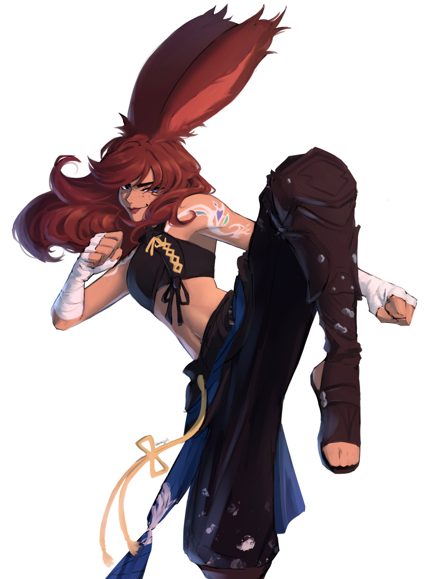 1girl absurdres animal_ears arm_tattoo avatar_(ff14) bandaged_hand bandages bangs blue_eyes breasts brown_hair clenched_hand commission dark-skinned_female dark_skin final_fantasy final_fantasy_xiv highres leg_up long_hair looking_at_viewer medium_breasts midriff monk_(final_fantasy) navel noroiju rabbit_ears sleeveless smile solo standing standing_on_one_leg tattoo toeless_footwear toes viera white_background