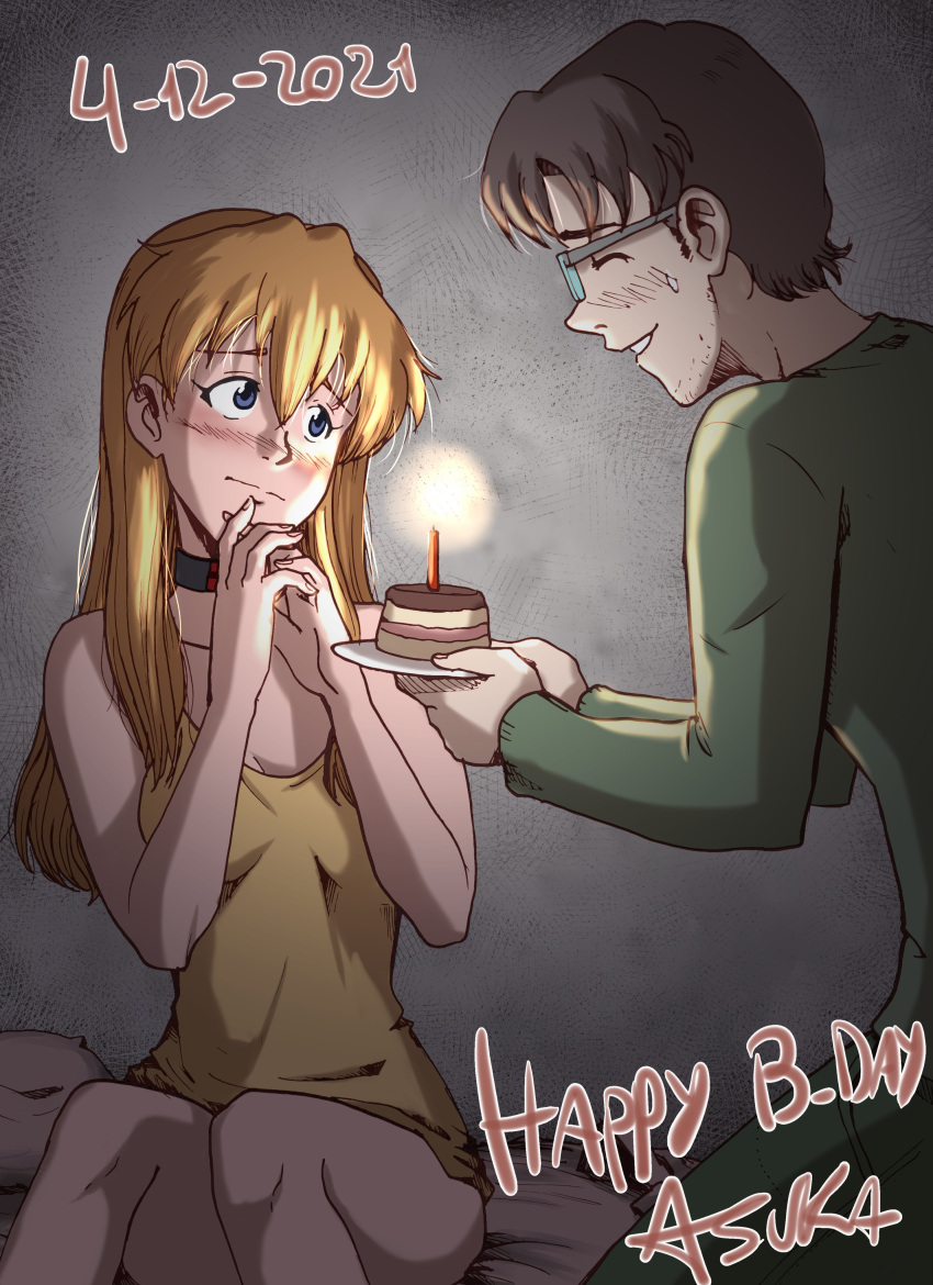 1boy 1girl absurdres aida_kensuke bangs beard bed birthday_cake blush breasts brown_hair cake candle character_name evangelion:_3.0+1.0_thrice_upon_a_time facial_hair food glasses hair_between_eyes happy_birthday highres legs long_hair looking_at_another neon_genesis_evangelion old pillow rebuild_of_evangelion sitting smile souryuu_asuka_langley standing sweat sweater