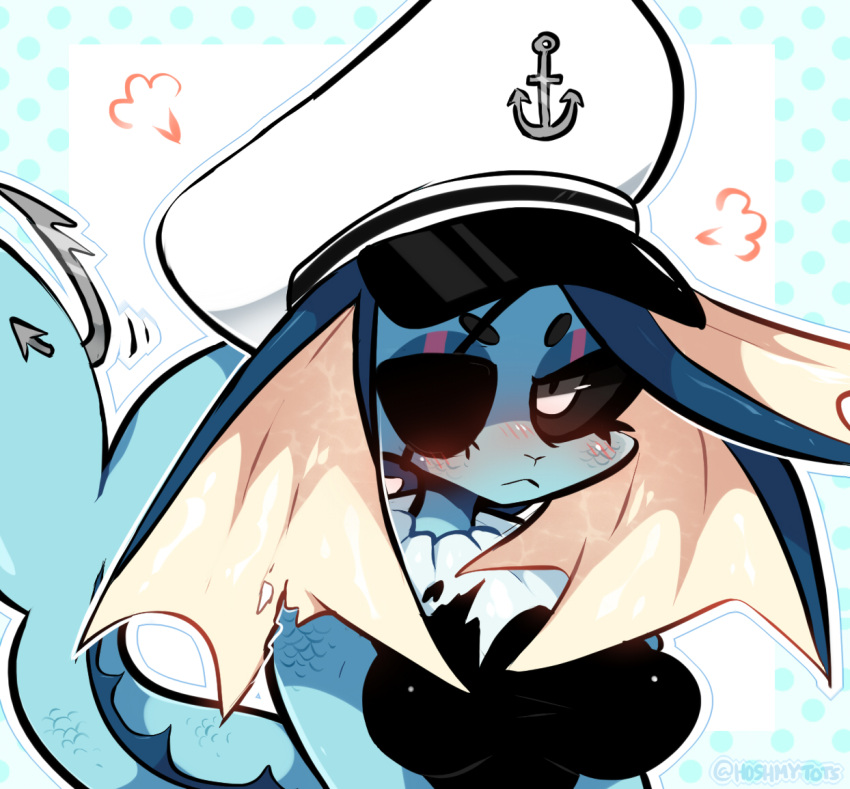 2022 anthro artist_name big_ears black_clothing black_leotard black_sclera blue_body blue_eyelids blue_scales blush breasts bust_portrait captain_hat clothed clothing dark_eyes digital_drawing_(artwork) digital_media_(artwork) digitigrade eeveelution embarrassed eye_patch eyewear feet female fin fish_hook frill_(anatomy) generation_1_pokemon hat headgear headwear hooked_tail hoshmyposhes leotard looking_at_viewer neck_frill nintendo pokemon pokemon_(species) portrait scales solo tail tail_fin vaporeon white_eyes