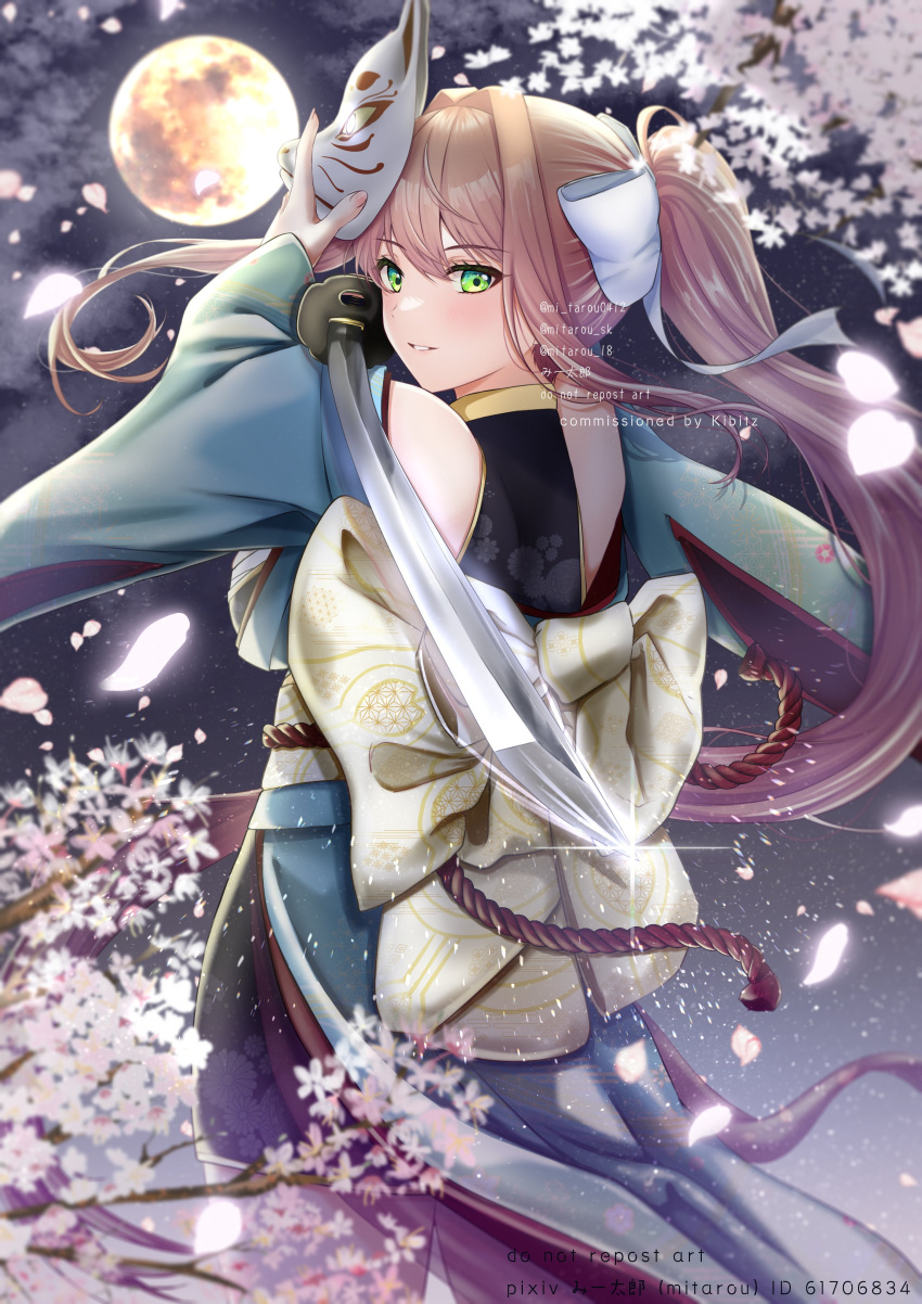 absurdres brown_hair cherry_blossoms doki_doki_literature_club green_eyes highres long_hair looking_back mask mi_tarou0412 monika_(doki_doki_literature_club) moon ponytail sword weapon