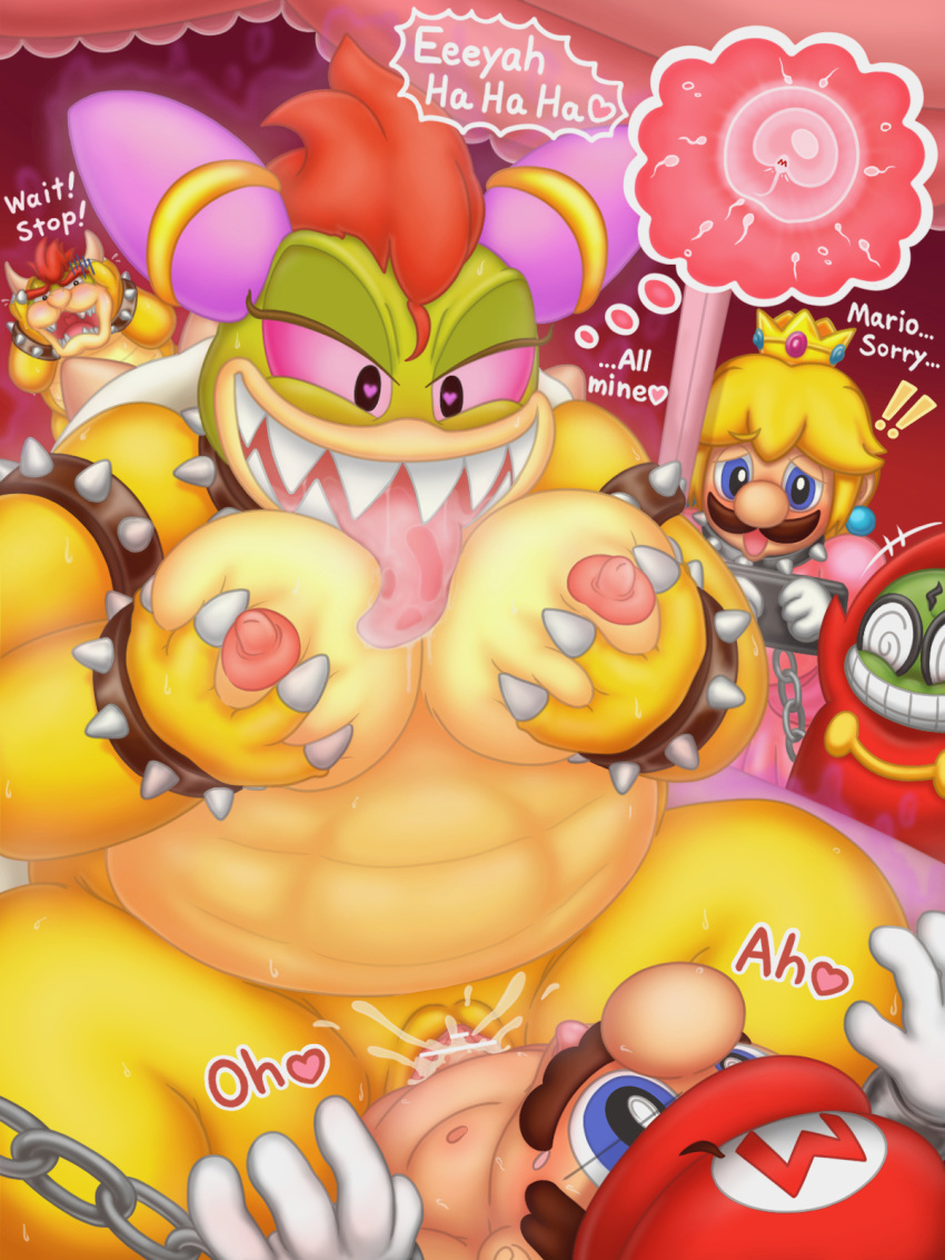 &lt;3 &lt;3_eyes 2020 4_fingers alternate_version_at_source anthro anthro_penetrated beanish blue_eyes bodily_fluids bowletta bowser bracelet breast_fondling breast_play breasts breath censor_bar censored claws clothing collar cuff_(restraint) cum cum_in_pussy cum_inside drooling duo_focus english_text exclamation_point facial_hair fawful female female_penetrated fingers fondling forced genital_fluids genitals gloves green_body group hand_on_breast handwear hi_res human human_on_anthro human_penetrating human_penetrating_anthro impregnation ineffective_censorship interspecies jewelry koopa male male/female male_penetrating male_penetrating_female mammal mario mario_and_luigi_(series) mario_bros mustache nintendo nipples open_mouth ovum penetration penis pussy rape red_sclera restraints reuben_(artist) saliva scalie self_fondle sex shackles sperm_cell spiked_bracelet spiked_collar spikes text thought_bubble tongue tongue_out vaginal vaginal_penetration