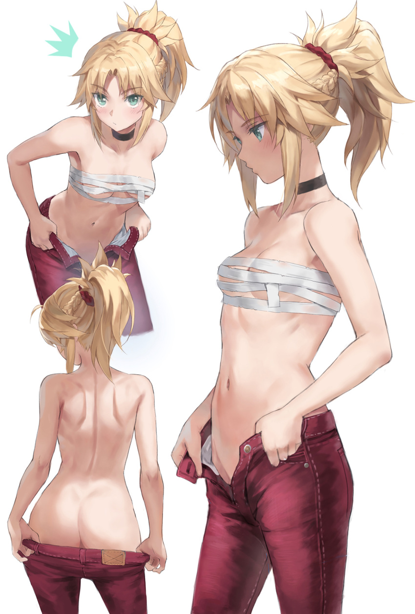 1girl ass back bangs blonde_hair braid breasts fate/apocrypha fate_(series) french_braid green_eyes highres long_hair looking_at_viewer mordred_(fate) mordred_(fate/apocrypha) multiple_views parted_bangs ponytail sarashi sidelocks small_breasts tonee topless