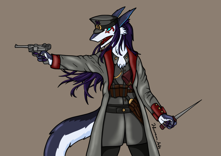 absurd_res anthro claws clothing coat ears_back female fur grey_body grey_fur gun hair hedda_wolf hi_res hunamarts knife luger military_gear military_uniform officers'_hat pivoted_ears purple_hair ranged_weapon sergal solo tail topwear trenchcoat uniform weapon white_body white_fur