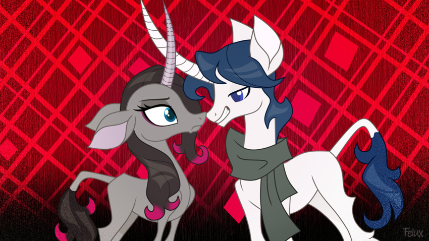2020 black_hair black_tail blue_eyes blue_hair blue_tail classical curved_horn digital_media_(artwork) duo equid equine eye_contact felux female feral frown grey_body grey_scarf grin hair horn lidded_eyes looking_at_another male mammal nose_to_nose oleander_(tfh) red_background scarf side_view signature simple_background smile tail them's_fightin'_herds unicorn vesper_iris white_body