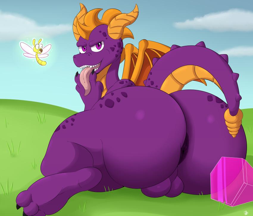 absurd_res activision anthro anus arthropod balls big_butt butt coffee_demon dragon dragonfly field genitals hi_res horn huge_butt insect presenting purple_body purple_eyes scalie solo sparx spyro spyro_the_dragon tail tongue tongue_out wings