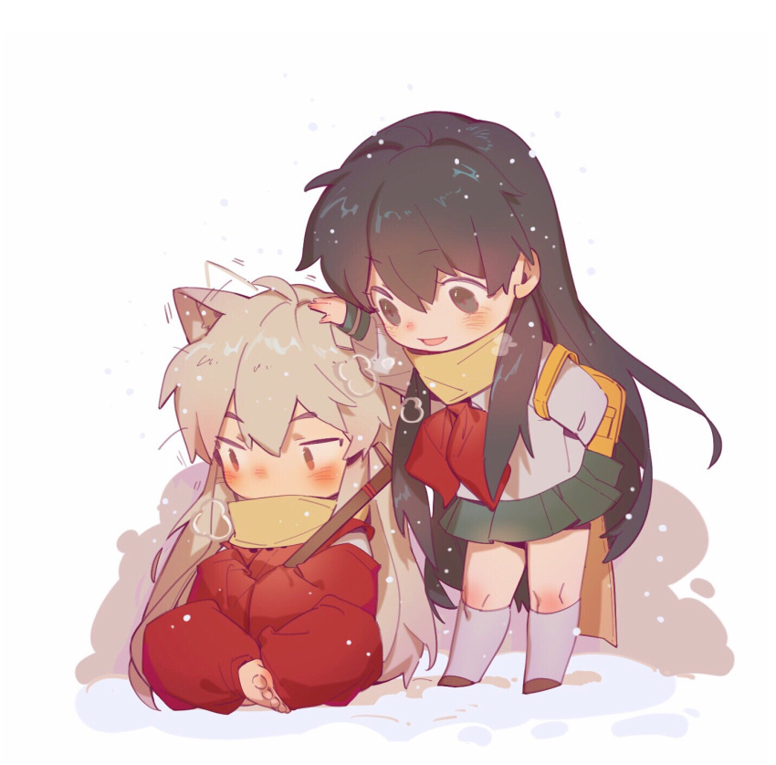 1boy 1girl afterimage alternate_hair_length alternate_hairstyle animal_ears arm_up backpack bag bangs barefoot black_hair blush chibi dog_ears ear_wiggle full_body green_skirt grey_hair hand_on_another's_head hands_in_opposite_sleeves headpat highres higurashi_kagome indian_style inuyasha inuyasha_(character) japanese_clothes kariginu kneehighs leaning_forward lili3639 long_hair long_sleeves looking_at_another looking_away looking_down miniskirt neckerchief on_ground pants pleated_skirt red_neckerchief red_pants scarf school_uniform serafuku shoes sideways_glance sitting skirt smile snow snowing socks standing sword very_long_hair weapon white_background white_socks wide_sleeves winter yellow_scarf