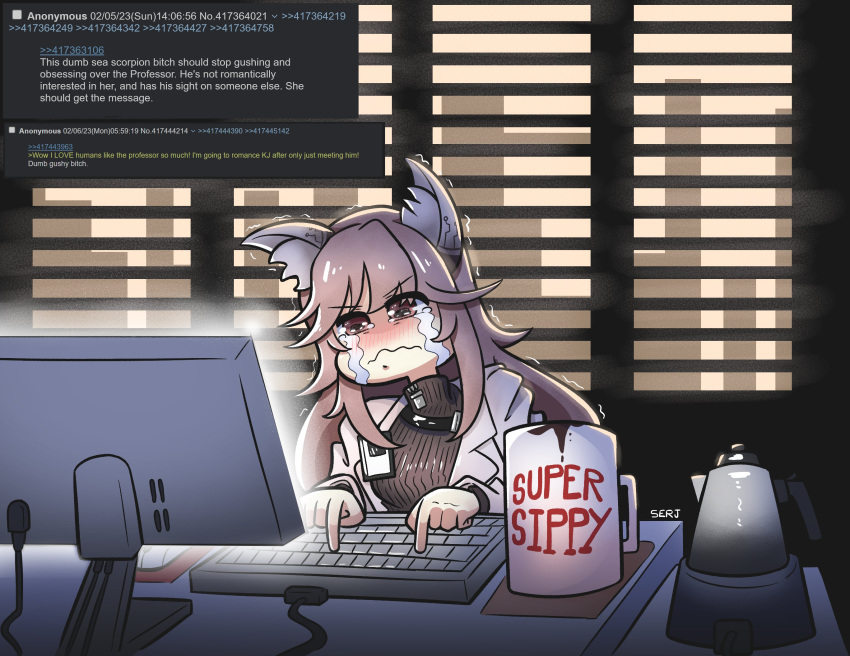 1girl 4chan animal_ear_fluff animal_ears artist_name bangs blush breasts brown_hair cat_ears closed_mouth crying crying_with_eyes_open cup english_commentary english_text girls'_frontline_neural_cloud highres indoors keyboard_(computer) labcoat long_hair looking_at_screen monitor mug persicaria_(girls'_frontline_nc) serjatronic shaking sitting solo sweater tears typing upper_body