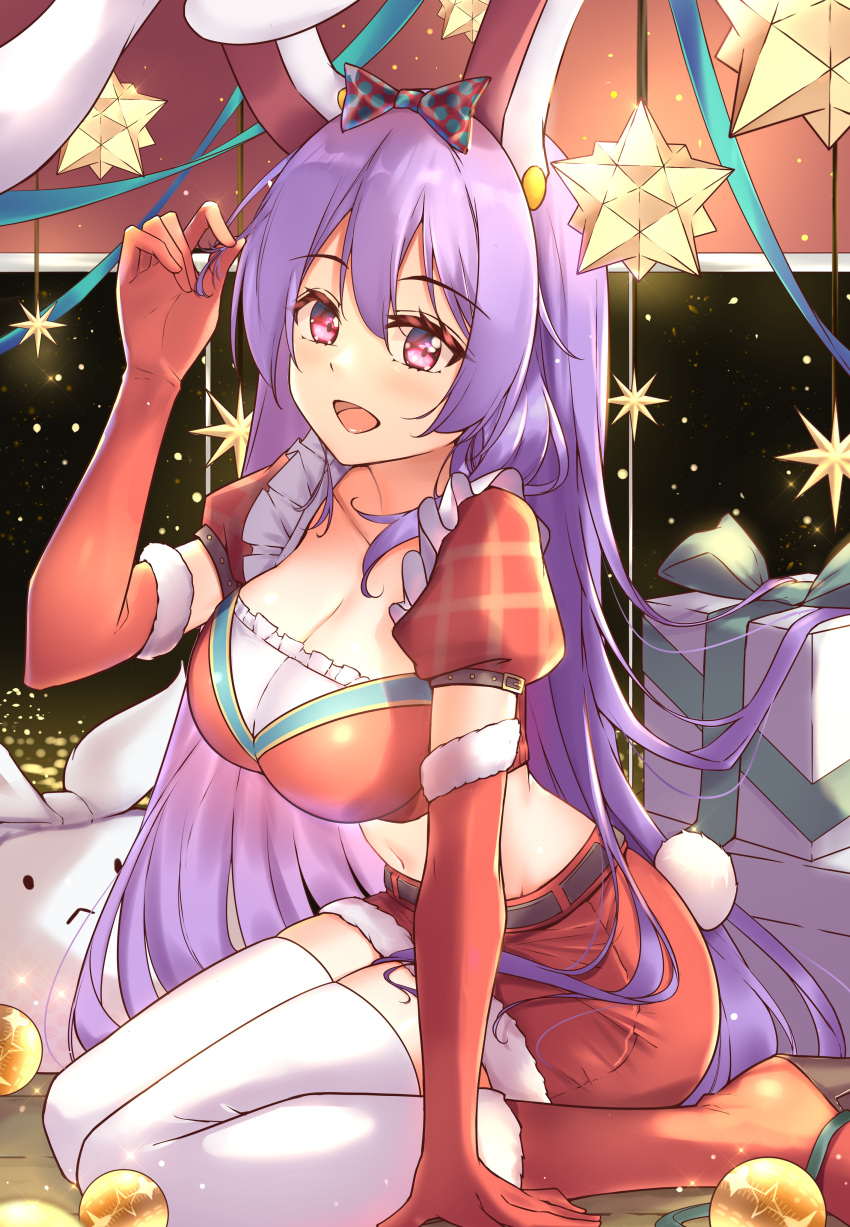 1girl :&lt; :d absurdres animal_ears bangs bow breasts cleavage diving_penguin elbow_gloves fur_trim gloves hair_bow highres large_breasts long_hair looking_at_viewer midriff miniskirt open_mouth pink_eyes puffy_short_sleeves puffy_sleeves purple_hair rabbit_ears rabbit_tail red_gloves reisen_udongein_inaba short_sleeves sitting skirt smile solo tail thighhighs touhou very_long_hair wariza