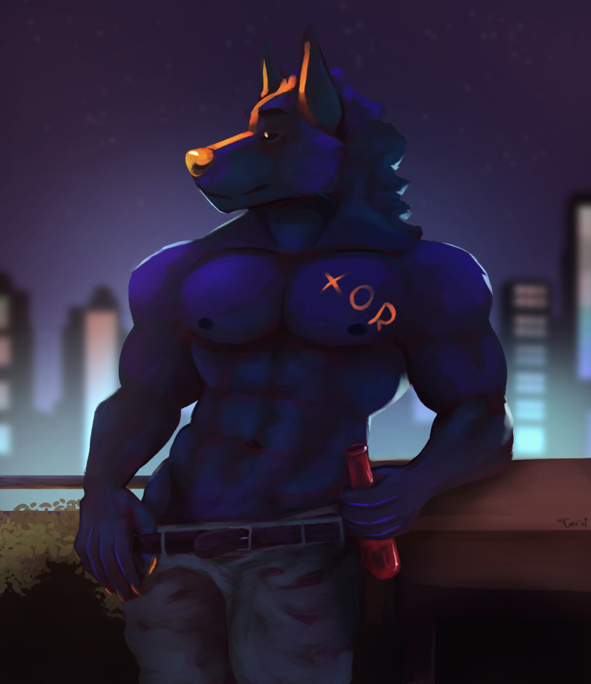 abs absurd_res anthro beer_bottle belt biceps black_sclera bottle bottomwear canid canine canis city city_background cityscape claws clothed clothing container denim denim_clothing fur hi_res highlights_(coloring) jeans male mammal multicolored_body multicolored_fur muscular muscular_male navel night nipples no_pupils outside pants partially_clothed pecs pivoted_ears purple_highlights sky solo star starry_sky stripes topless topless_anthro topless_male toroi v-line wolf yellow_claws yellow_ear_fluff yellow_eyes yellow_nose yellow_stripes zulu_(wo1fman)