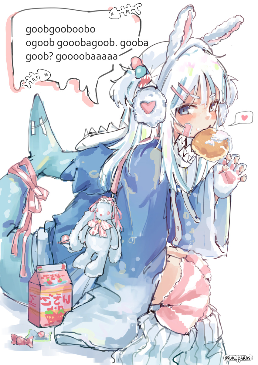 1girl absurdres animal_ears animal_hood bandaid bandaid_on_face blue_eyes blue_hair blush candy carton claw_pose commentary earmuffs fake_animal_ears feet_out_of_frame fingerless_gloves fish_bone fish_tail food food_in_mouth gawr_gura gloves heart highres hololive hood hood_down kneehighs long_sleeves looking_at_viewer mouth_hold multicolored_hair oversized_clothes pink_ribbon pink_socks rabbit_ears ribbon shark_hood shark_tail sideways_glance sleeves_past_fingers sleeves_past_wrists socks solo speech_bubble spoken_heart strawberry_milk streaked_hair striped striped_socks stuffed_animal stuffed_bunny stuffed_toy tail twitter_username white_hair white_socks wwparasi