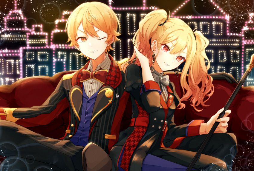 1boy 1girl blonde_hair brother_and_sister color_connection commentary couch highres ktori long_hair looking_at_viewer matching_outfit multicolored_hair on_couch one_eye_closed orange_eyes outfit_connection pink_eyes pink_hair project_sekai short_hair siblings tenma_saki tenma_tsukasa twintails wavy_hair zenryoku!_wonder_halloween!_(project_sekai)