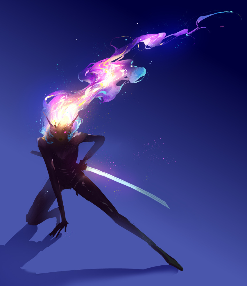 1girl absurdres arm_support bare_shoulders black_bodysuit blonde_hair blue_background bodysuit dark-skinned_female dark_skin fiery_hair fire floating_hair full_body hand_on_hip highres holding holding_sword holding_weapon light_particles long_hair looking_at_viewer one_knee original pointy_ears purple_eyes purple_fire purple_hair solo sword themoss unsheathed very_dark_skin weapon
