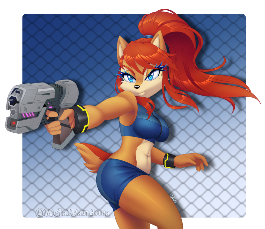 2023 5_fingers abs alpha_channel anthro archie_comics artist_name athletic athletic_female black_nose blue_background blue_bottomwear blue_clothing blue_eyes blue_shorts blue_top blush blush_lines border bottomwear bra bracelet breasts brown_body brown_fur cheek_tuft chipmunk clothing cosplay crop_top crossover crossover_cosplay determined digital_media_(artwork) ears_up eyelashes facial_tuft female fingers fur gate glistening glistening_eyes glistening_hair glistening_thighs gradient_background ground_squirrel gun hair holding_gun holding_object holding_weapon jewelry lidded_eyes long_hair mammal metalpandora metroid midriff multicolored_body multicolored_fur muscular narrowed_eyes navel nintendo one_leg_up pointing_gun ponytail pose raised_leg ranged_weapon red_body red_fur red_hair rodent sally_acorn samus_aran science_fiction sciurid scut_tail sega serious_face shirt short_tail shorts side_view signature simple_background smile solo sonic_the_hedgehog_(archie) sonic_the_hedgehog_(comics) sonic_the_hedgehog_(series) sports_bra tail tan_body tan_fur thick_thighs tight_clothing topwear transparent_border tuft two_piece_suit underwear watermark weapon wielding_weapon