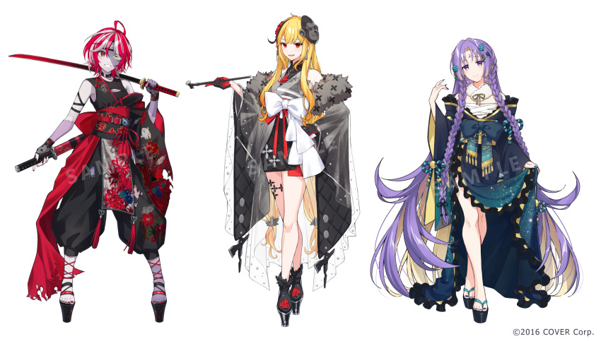 3girls absurdly_long_hair ahoge axe bangs bare_legs belt black_collar black_footwear black_gloves black_hair black_kimono black_nails black_pants black_shirt blonde_hair blue_kimono blue_nails blush bow braid breasts button_eyes chest_sarashi cleavage_cutout closed_mouth clothing_cutout collar colored_inner_hair colored_skin commentary crescent crescent_earrings crescent_moon crossed_legs dual_wielding earrings english_commentary facial_mark fingerless_gloves fishnet_gloves fishnets floral_print flower flower_knot flute forehead_mark forehead_protector frilled_kimono frills full_body fur-trimmed_kimono fur_scarf fur_trim geta gloves gorilla_mask gradient_clothes gradient_kimono grey_hair grey_kimono grey_skin hadanugi_dousa hair_flower hair_ornament heterochromia highres holding holding_instrument holding_sword holding_weapon hololive hololive_indonesia instrument japanese_clothes jewelry kaela_kovalskia katana kimono kimono_hold kureiji_ollie large_bow legs_apart long_hair looking_at_viewer low-tied_long_hair mask mask_on_head medium_breasts moon moona_hoshinova multicolored_hair multicolored_nails multicolored_skin multiple_girls nail_polish neck_tassel ninja obi off_shoulder official_alternate_costume official_art okobo open_mouth over_shoulder pale_skin pants parted_bangs parted_lips patchwork_skin pelvic_curtain pink_hair platform_footwear purple_eyes purple_hair purple_skin puunyannyan red_belt red_bow red_eyes red_gloves red_hair red_nails reverse_grip sample_watermark sarashi sash scabbard sheath sheathed shirt short_hair short_kimono sidelocks simple_background single_sleeve sleeveless sleeveless_shirt small_breasts smile spider_lily standing starry_sky_print sword sword_over_shoulder tassel toenail_polish toenails torn_clothes twin_braids two-tone_gloves two-tone_hair udin_(kureiji_ollie) very_long_hair virtual_youtuber watermark watson_cross weapon weapon_over_shoulder white_background white_bow wide_sleeves yellow_eyes zombie