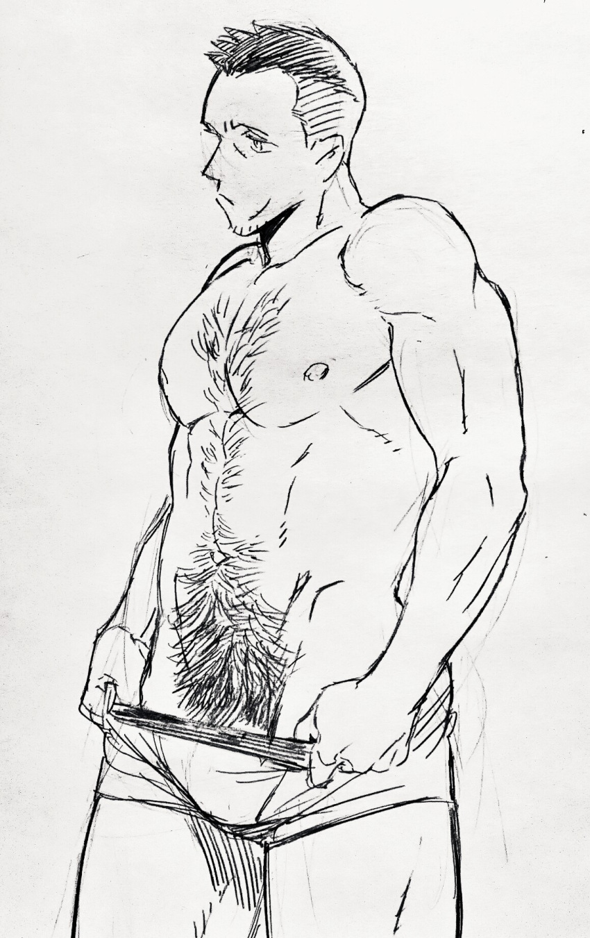 1boy abs bara boxer_briefs bulge cosgrove_(dickfish) dickfish_(fishismdick) excessive_pubic_hair facial_hair feet_out_of_frame highres large_pectorals looking_at_another male_focus male_underwear mature_male muscular muscular_male navel navel_hair nipples original pectorals pubic_hair scan short_hair sideburns sketch solo standing stomach stubble thighs topless_male traditional_media underwear underwear_only undressing
