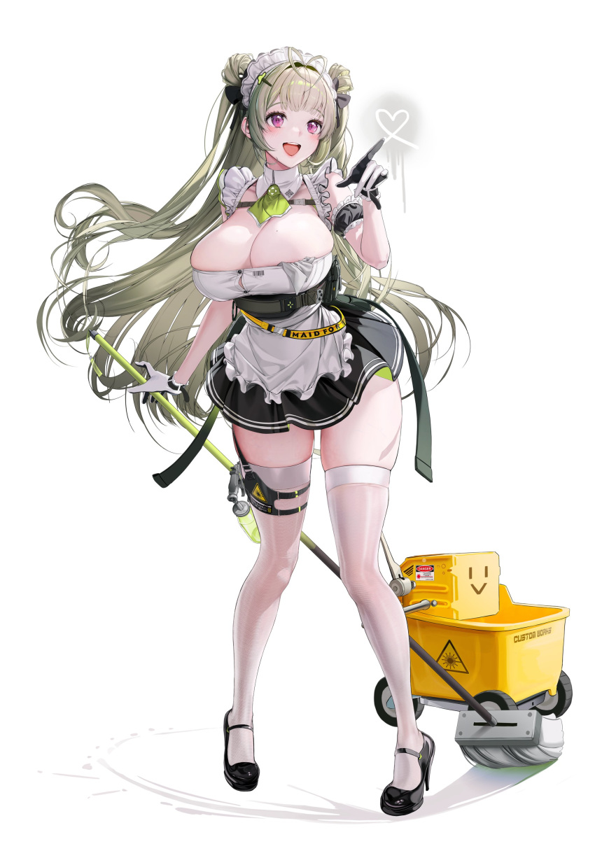 1girl :d absurdres antenna_hair apron arm_cuffs ascot bangs barcode black_dress blush breast_strap breasts button_gap dore_(gilles_dore) dress full_body goddess_of_victory:_nikke green_ascot green_hair heart high_heels highres holding holding_mop huge_breasts long_hair maid_apron mary_janes mop official_art pink_eyes shoes short_dress simple_background skindentation smile soda_(nikke) solo thighhighs two-tone_gloves wet_floor_sign white_thighhighs
