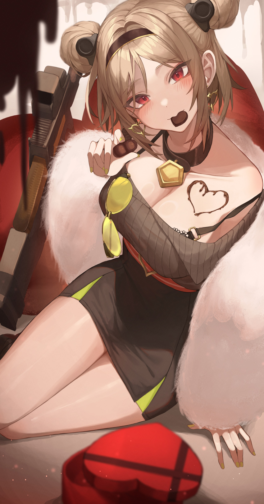 absurdres bangs bare_legs bare_shoulders belt_collar box bra bra_peek bra_strap breasts brown_hair bullpup chocolate chocolate_on_body choker cleavage collar collarbone commission double_bun eyewear_on_clothing food_in_mouth food_on_body from_above girls'_frontline gun hair_bun head_tilt heart heart-shaped_box highres lace-trimmed_bra lace_trim large_breasts light_brown_hair looking_at_viewer miniskirt mouth_hold off-shoulder_sweater off_shoulder p90 p90_(girls'_frontline) pencil_skirt pixiv_commission red_eyes ryu_(yanagi) sitting skirt submachine_gun sweater sweater_tucked_in swept_bangs tinted_eyewear underwear valentine weapon yellow-tinted_eyewear