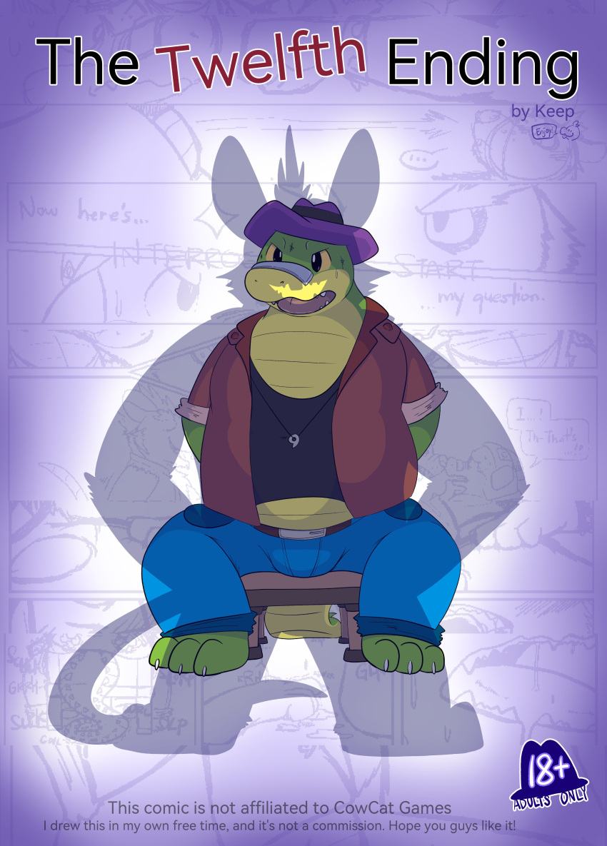 2023 absurd_res alligator alligatorid anthro bottomwear brok_(character) brok_the_investigator clothing cover crocodilian duo english_text hat headgear headwear hi_res kemono male mammal murid murine nakadashimashta pants rat reptile rodent scalie shirt sitting slightly_chubby solo_focus squealers_chief text topwear