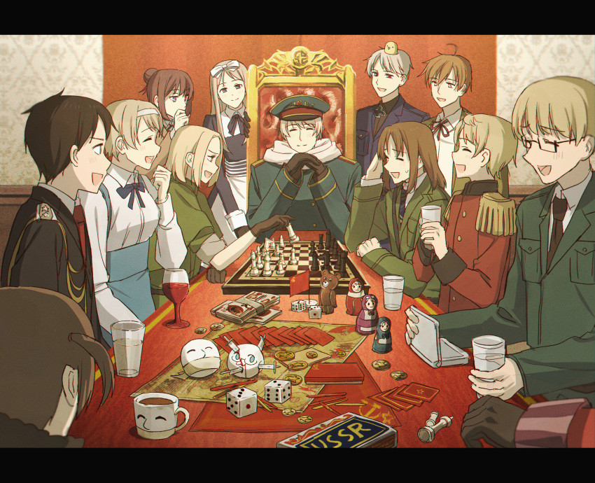 alcohol axis_powers_hetalia belarus_(hetalia) bird black_hair blonde_hair board_game card chess communist_flag czech_republic_(hetalia) dice estonia_(hetalia) glasses gloves highres knife latvia_(hetalia) lithuania_(hetalia) matryoshka_doll military military_uniform money necktie personification playing_card poland_(hetalia) prussia_(hetalia) russia_(hetalia) slovakia_(hetalia) throne ukraine_(hetalia) uniform wine ymgr64