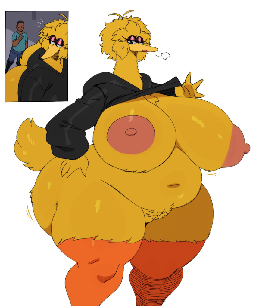 2023 anthro avian big_bird big_breasts big_butt bird bottomless breasts butt clothed clothing duo feathers female hi_res huge_breasts huge_butt nipples sesame_street solo_focus sssonic2 yellow_body yellow_feathers