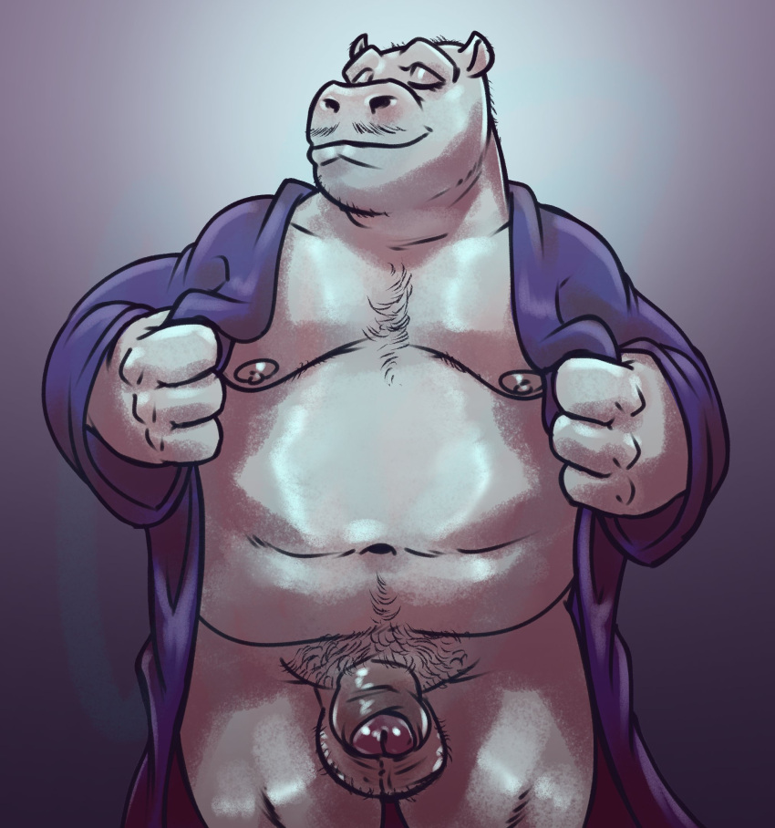 2023 anthro balls bathrobe bathrobe_only belly big_belly body_hair chest_hair clothed clothing common_hippopotamus eyes_closed facial_hair flaccid foreskin genitals grey_background hairy_balls hi_res hippopotamid male mammal manly mature_male moobs mostly_nude mr._king musclegut mustache navel nipples open_bathrobe open_clothing open_robe overweight overweight_male pecs penis pubes rimba_racer robe robe_only simple_background smile solo standing thick_thighs zeiroslion
