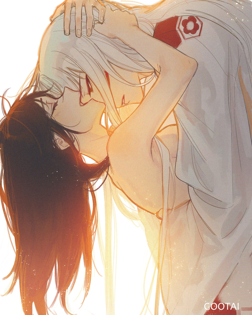 1boy 1girl aged_up arms_up artist_name bangs breasts brown_hair closed_eyes clothed_male_nude_female couple facial_mark gootai half-closed_eyes hands_on_another's_head hetero highres hug imminent_kiss inuyasha japanese_clothes kimono laughing long_hair long_sleeves looking_at_another looking_away nude profile rin_(inuyasha) sesshoumaru simple_background sunlight upper_body white_background white_hair