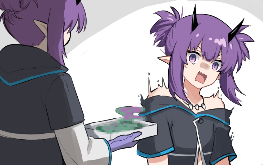2girls arknights bare_shoulders black_shirt commentary_request food hibiscus_(arknights) highres holding holding_food horns lava_(arknights) long_sleeves looking_at_viewer mabing multiple_girls off-shoulder_shirt off_shoulder open_mouth pointy_ears purple_eyes purple_hair shirt short_hair short_sleeves siblings sidelocks sisters twintails upper_body white_background