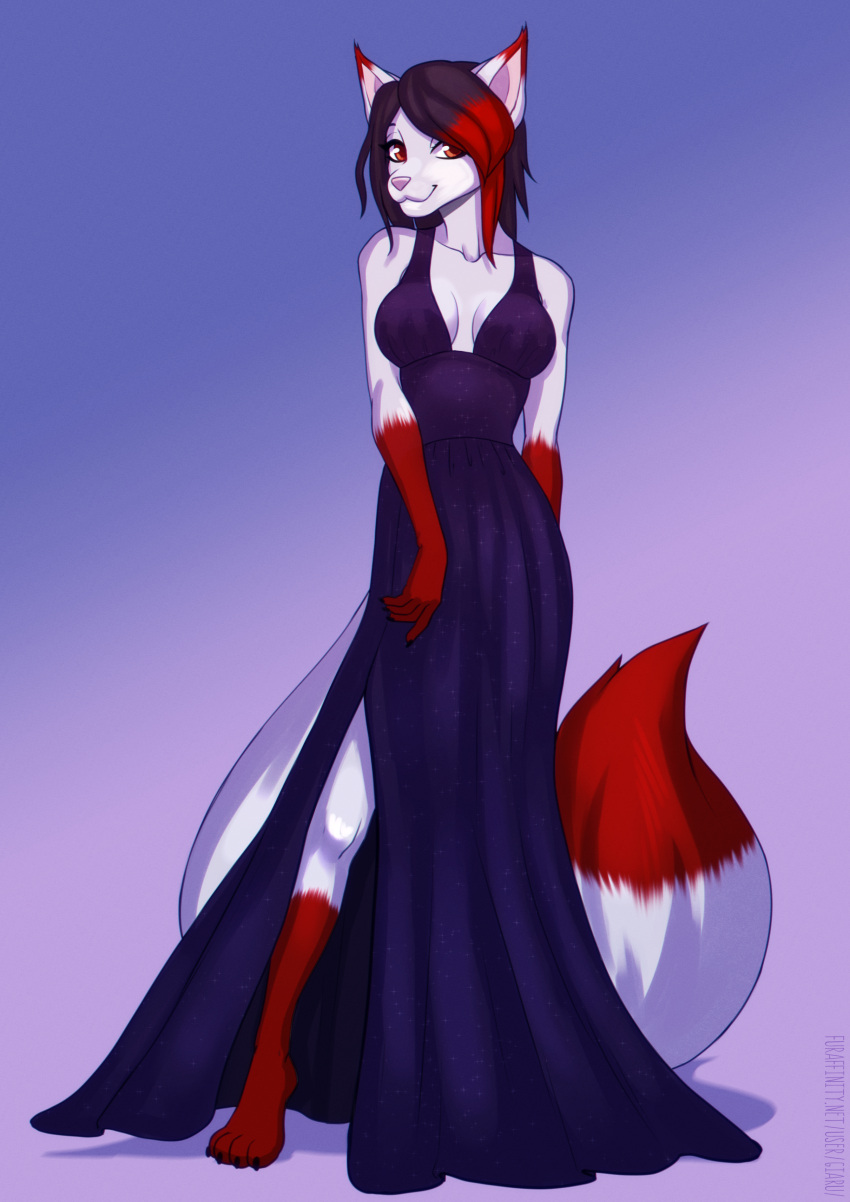 absurd_res anthro asavari_(bloodstarkittycat) breasts claws clothing domestic_cat dress ears_up felid feline felis female fingers giaru_(artist) hair hi_res highlights_(coloring) humanoid_hands looking_at_viewer mammal paws pink_nose purple_clothing purple_dress red_ear_tips red_eyes red_hair red_highlights red_tail_tip smile smiling_at_viewer solo standing
